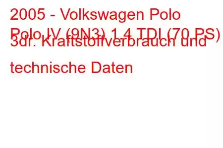 2005 - Volkswagen Polo
Polo IV (9N3) 1.4 TDI (70 PS) 3dr. Kraftstoffverbrauch und technische Daten