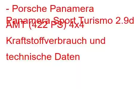 - Porsche Panamera
Panamera Sport Turismo 2.9d AMT (422 PS) 4x4 Kraftstoffverbrauch und technische Daten