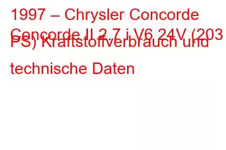 1997 – Chrysler Concorde
Concorde II 2.7 i V6 24V (203 PS) Kraftstoffverbrauch und technische Daten