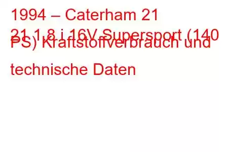 1994 – Caterham 21
21 1.8 i 16V Supersport (140 PS) Kraftstoffverbrauch und technische Daten