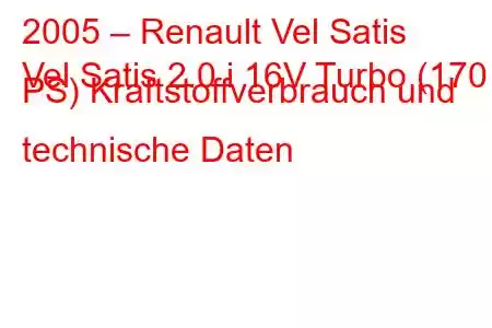 2005 – Renault Vel Satis
Vel Satis 2.0 i 16V Turbo (170 PS) Kraftstoffverbrauch und technische Daten