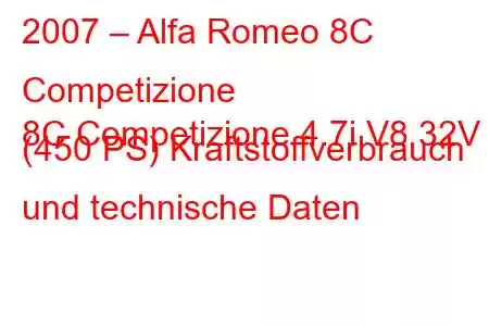 2007 – Alfa Romeo 8C Competizione
8C Competizione 4.7i V8 32V (450 PS) Kraftstoffverbrauch und technische Daten