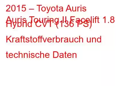 2015 – Toyota Auris
Auris Touring II Facelift 1.8 Hybrid CVT (136 PS) Kraftstoffverbrauch und technische Daten