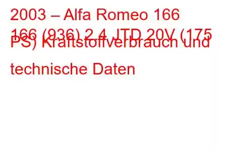 2003 – Alfa Romeo 166
166 (936) 2.4 JTD 20V (175 PS) Kraftstoffverbrauch und technische Daten