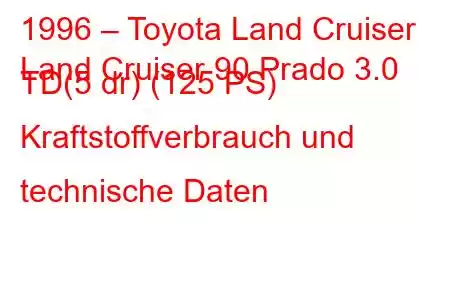 1996 – Toyota Land Cruiser
Land Cruiser 90 Prado 3.0 TD(5 dr) (125 PS) Kraftstoffverbrauch und technische Daten