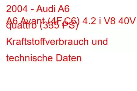 2004 - Audi A6
A6 Avant (4F,C6) 4.2 i V8 40V quattro (335 PS) Kraftstoffverbrauch und technische Daten