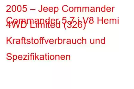 2005 – Jeep Commander
Commander 5.7 i V8 Hemi 4WD Limited (326) Kraftstoffverbrauch und Spezifikationen