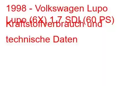 1998 - Volkswagen Lupo
Lupo (6X) 1.7 SDI (60 PS) Kraftstoffverbrauch und technische Daten