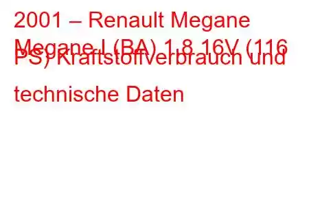 2001 – Renault Megane
Megane I (BA) 1.8 16V (116 PS) Kraftstoffverbrauch und technische Daten