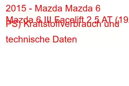 2015 - Mazda Mazda 6
Mazda 6 III Facelift 2.5 AT (192 PS) Kraftstoffverbrauch und technische Daten