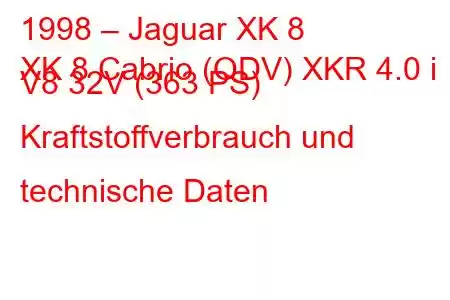 1998 – Jaguar XK 8
XK 8 Cabrio (QDV) XKR 4.0 i V8 32V (363 PS) Kraftstoffverbrauch und technische Daten