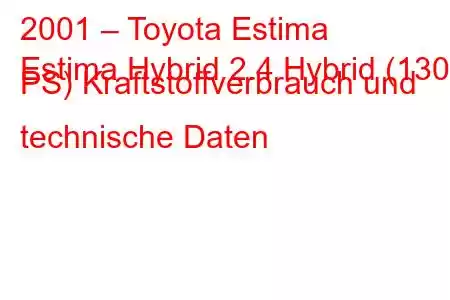 2001 – Toyota Estima
Estima Hybrid 2.4 Hybrid (130 PS) Kraftstoffverbrauch und technische Daten