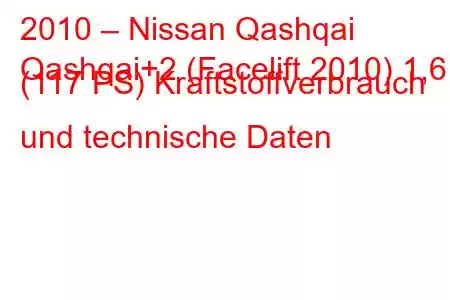 2010 – Nissan Qashqai
Qashqai+2 (Facelift 2010) 1,6 (117 PS) Kraftstoffverbrauch und technische Daten