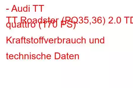 - Audi TT
TT Roadster (PQ35,36) 2.0 TDI quattro (170 PS) Kraftstoffverbrauch und technische Daten