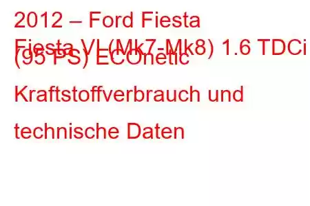 2012 – Ford Fiesta
Fiesta VI (Mk7-Mk8) 1.6 TDCi (95 PS) ECOnetic Kraftstoffverbrauch und technische Daten