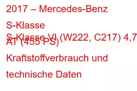 2017 – Mercedes-Benz S-Klasse
S-Klasse VI (W222, C217) 4,7 AT (455 PS) Kraftstoffverbrauch und technische Daten