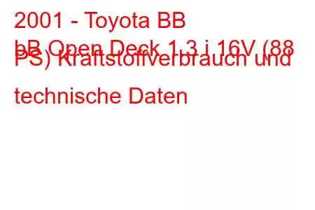 2001 - Toyota BB
bB Open Deck 1.3 i 16V (88 PS) Kraftstoffverbrauch und technische Daten