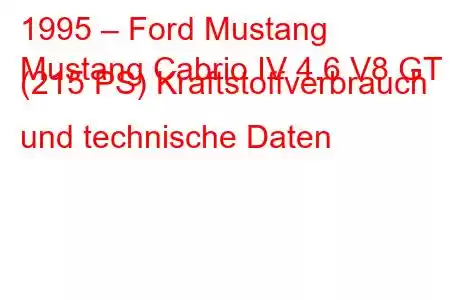 1995 – Ford Mustang
Mustang Cabrio IV 4.6 V8 GT (215 PS) Kraftstoffverbrauch und technische Daten