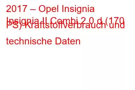 2017 – Opel Insignia
Insignia II Combi 2.0 d (170 PS) Kraftstoffverbrauch und technische Daten