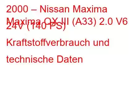 2000 – Nissan Maxima
Maxima QX III (A33) 2.0 V6 24V (140 PS) Kraftstoffverbrauch und technische Daten