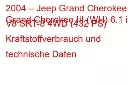 2004 – Jeep Grand Cherokee
Grand Cherokee III (WH) 6.1 i V8 SRT-8 4WD (432 PS) Kraftstoffverbrauch und technische Daten