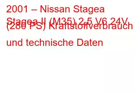 2001 – Nissan Stagea
Stagea II (M35) 2,5 V6 24V (280 PS) Kraftstoffverbrauch und technische Daten