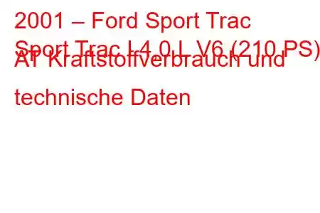 2001 – Ford Sport Trac
Sport Trac I 4,0 L V6 (210 PS) AT Kraftstoffverbrauch und technische Daten