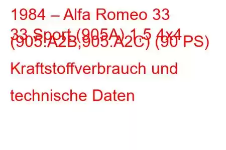 1984 – Alfa Romeo 33
33 Sport (905A) 1,5 4x4 (905.A2B,905.A2C) (90 PS) Kraftstoffverbrauch und technische Daten