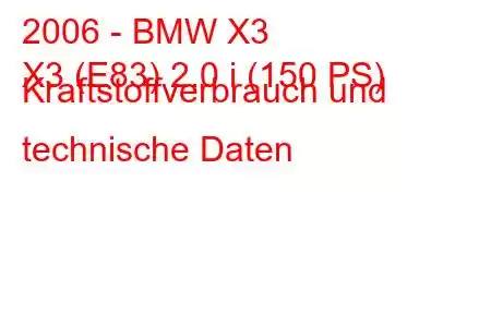 2006 - BMW X3
X3 (E83) 2.0 i (150 PS) Kraftstoffverbrauch und technische Daten