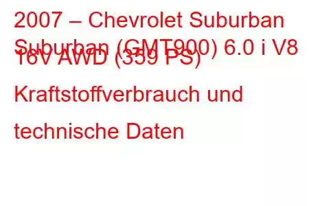 2007 – Chevrolet Suburban
Suburban (GMT900) 6.0 i V8 16V AWD (359 PS) Kraftstoffverbrauch und technische Daten