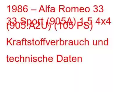 1986 – Alfa Romeo 33
33 Sport (905A) 1,5 4x4 (905.A2U) (105 PS) Kraftstoffverbrauch und technische Daten