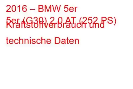 2016 – BMW 5er
5er (G30) 2.0 AT (252 PS) Kraftstoffverbrauch und technische Daten